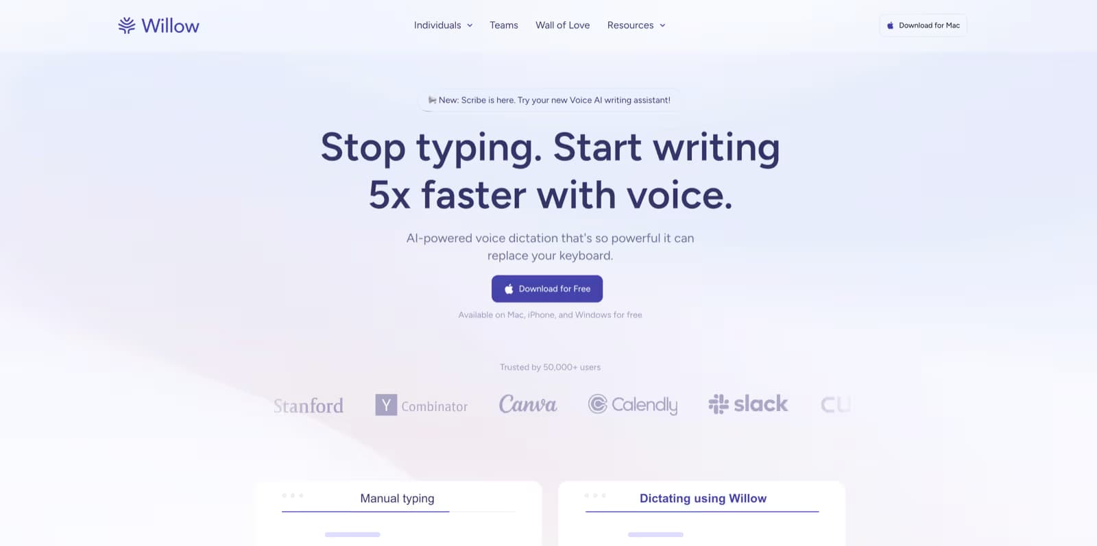 Screenshot of the Willow Voice homepage