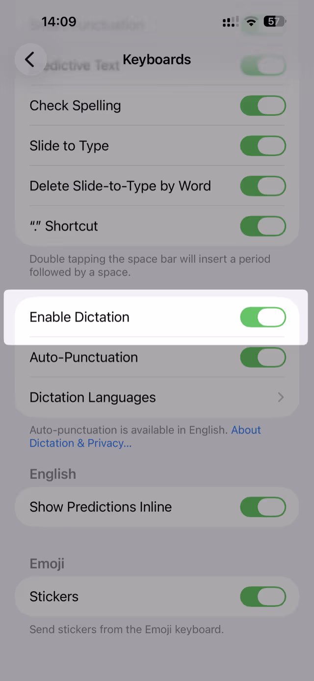 iPhone Settings, General, Keyboard screen with the Enable Dictation toggle switched on
