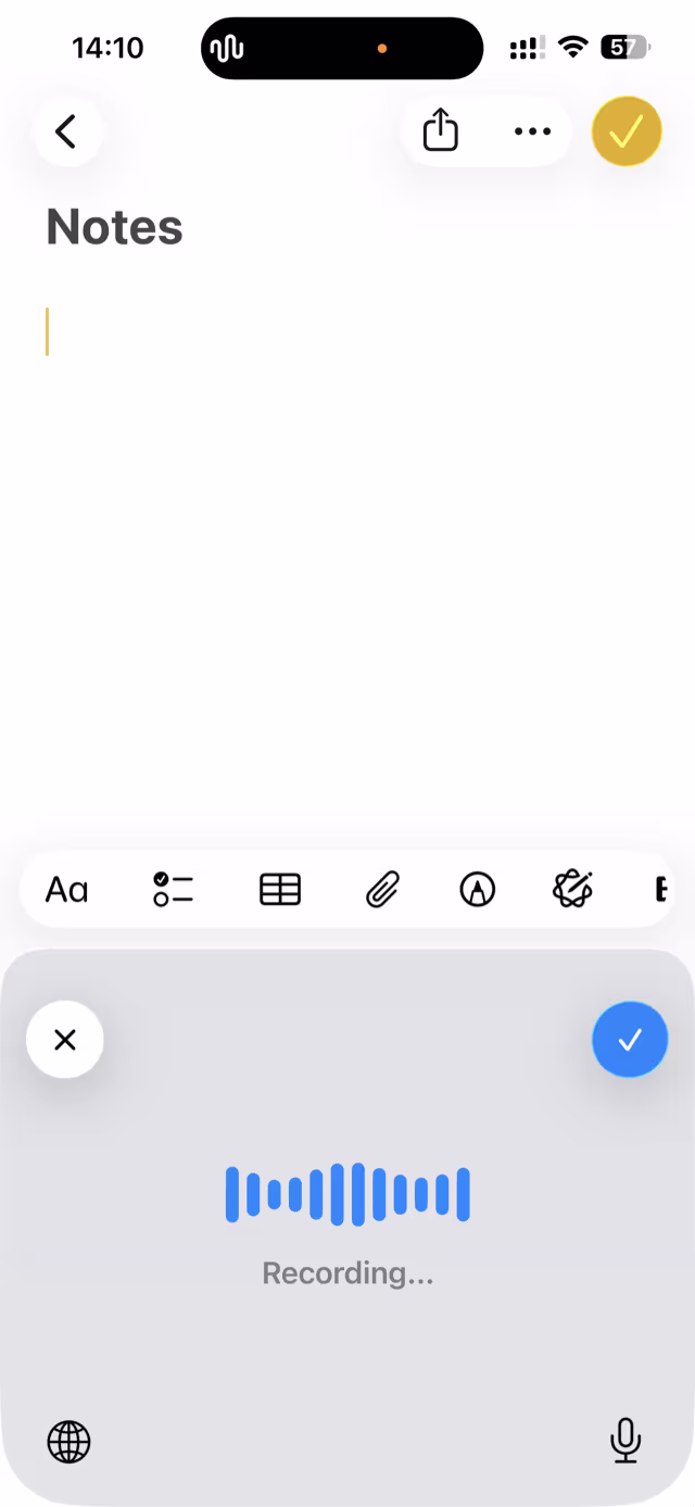 Spokenly keyboard recording dictation in the iPhone Notes app, showing a live waveform