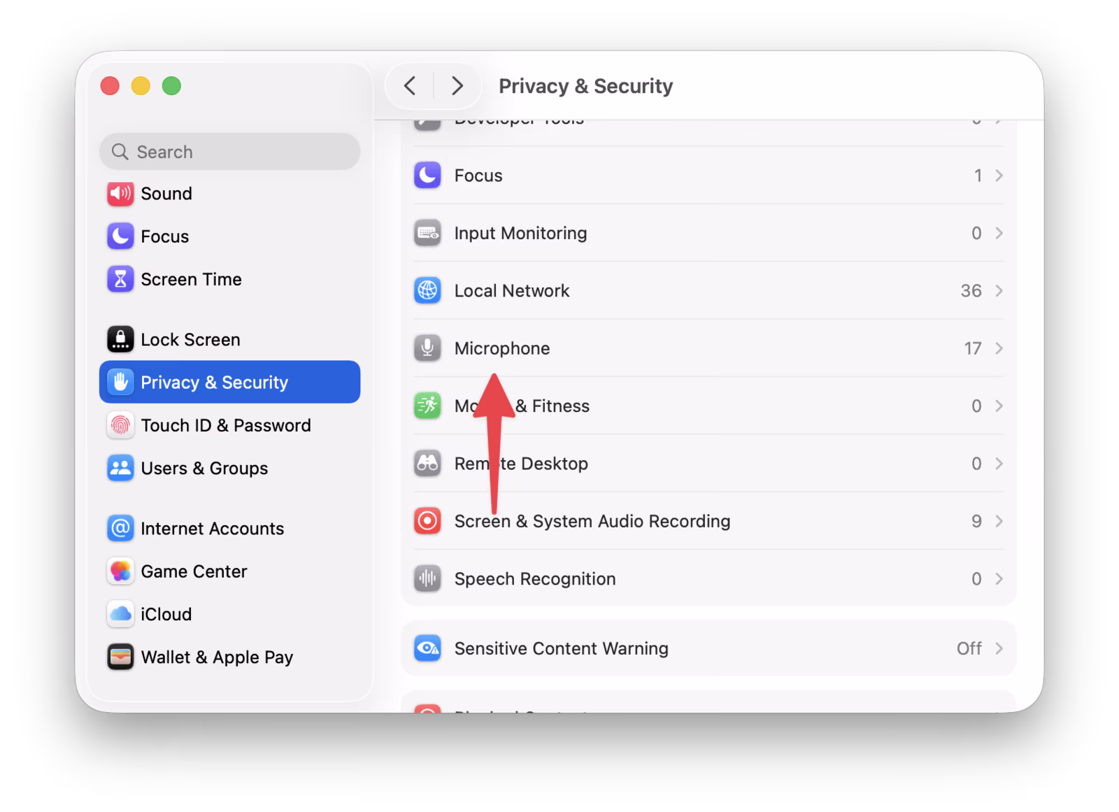 macOS System Settings Privacy and Security panel highlighting the Microphone row showing 17 apps with microphone permissions