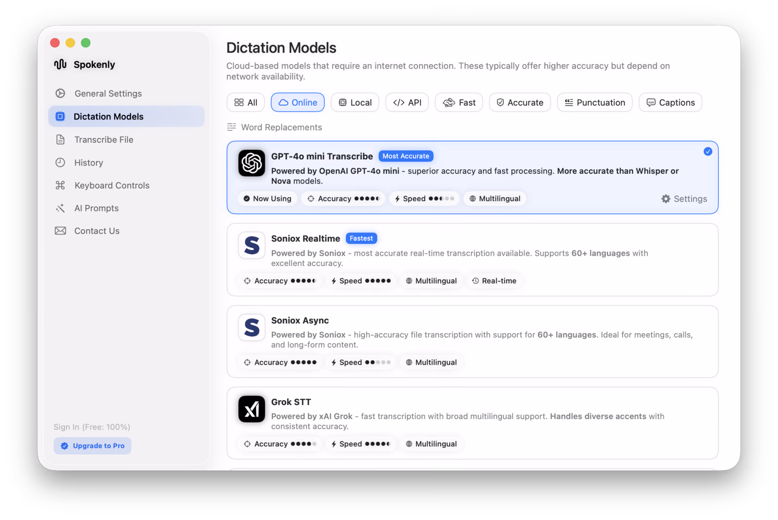 Spokenly Mac app Dictation Models panel showing cloud options like GPT-4o mini Transcribe and Soniox for MP3 file transcription