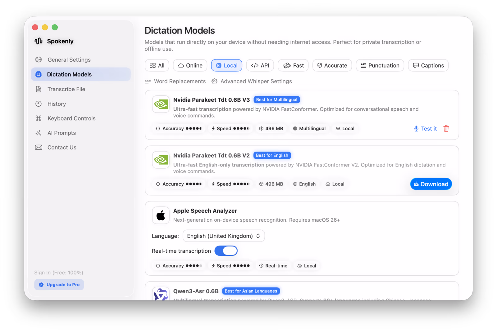 Spokenly Local Models panel showing NVIDIA Parakeet TDT 0.6B V3, Apple Speech Analyzer, and Qwen3-ASR with offline indicators